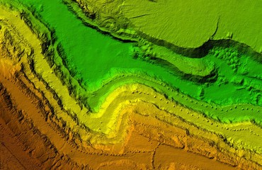 DEM - digital elevation model. Product made after proccesing pictures taken from a drone. It shows excavation site with steep rock walls