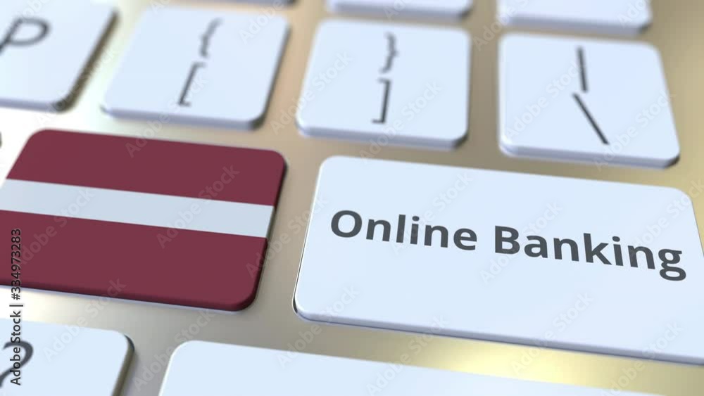 Poster online banking text and flag of latvia on the keyboard. internet finance related conceptual 3d anima