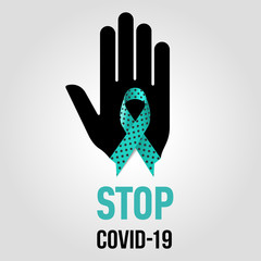 Fototapeta premium Symbolic Ribbon Over Open Hand Palm on Gray Backdrop. Illustration Dedicated to the Virus Epidemic (2019-nCoV). Medical Healthcare Concept of Fight Against Deadly SARS-CoV-2 Spread in the World