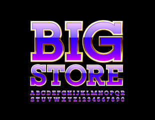 Vector premium sign Big Store. Purple and Gold  shiny Font. Luxury Alphabet Letters and Numbers