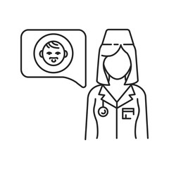 Consultation with doctor black line icon. Communication with the patient about health kid. Pictogram for web page, mobile app, promo. UI UX GUI design element.
