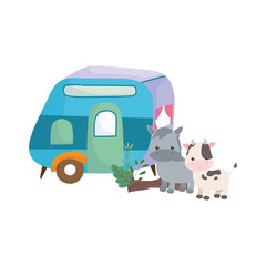 camping trailer and cute horse cow cartoon animals