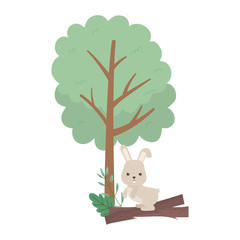 camping cute rabbit trunk tree foliage sun cloud cartoon