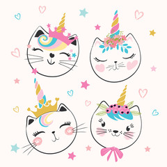 Cute cat unicorns, doodle illustration for kids