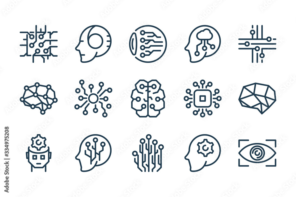 Poster artificial intelligence and machine learning related line icon set. ai development vector linear ico