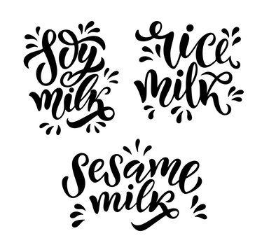 Vegetarian, oat, coconut, almond, organic milk lettering quotes for banner, logo and packaging design.