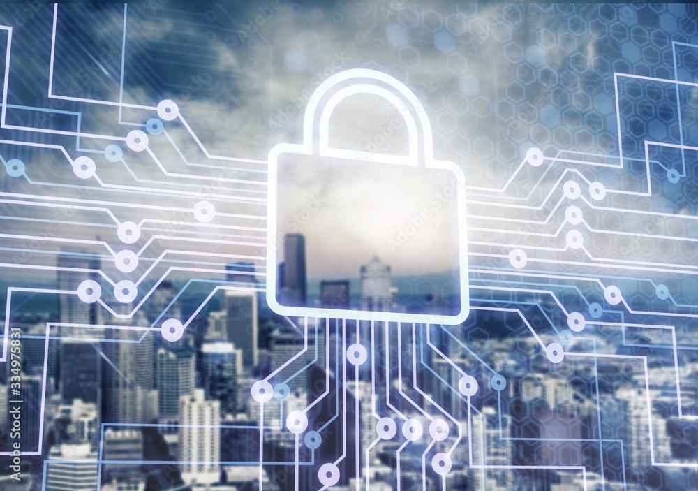 Poster digital lock icon and abstract background, the concept of data security