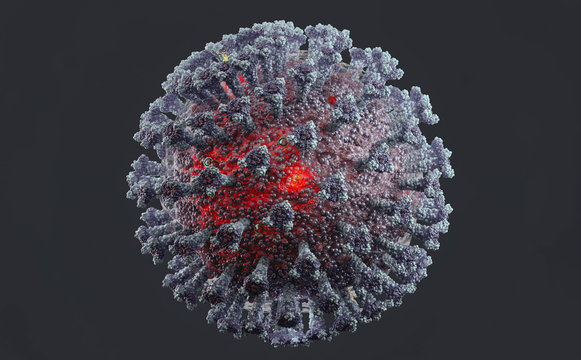COVID-19 Coronavirus Cell Infection Outbreak. Contagious Pathogen Respiratory Influenza Covid 19 Novel Corona Virus Cell Microscope Image, Coronavirus Flu Strain Disease, Pandemic Crisis 3D Background