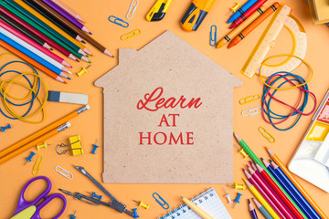 Learn at home, online education. Quarantine motivational poster.