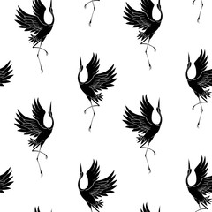 Japanese pattern. Seamless vector ornament with traditional motives. Japanese pattern with storks and sakura.