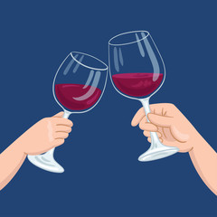 Two hands clink glasses with red wine. In cartoon style. On a navy blue background. Vector flat illustration.