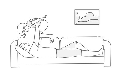 Man carrying his daughter lying on the couch. Girl making plane. Line drawing vector illustration.