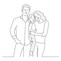Happy family, mother, father, daughter. Line drawing vector illustration.