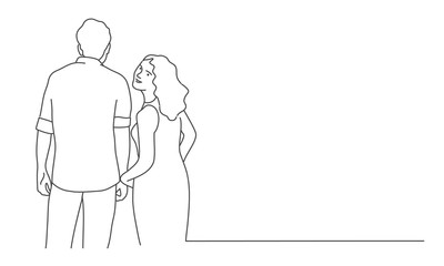 Happy couple. Girl turned around. Line drawing vector illustration.