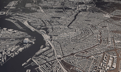 Amsterdam, Netherlands city map 3D Rendering. Aerial satellite view.