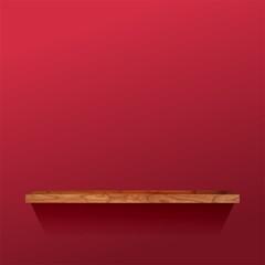 Empty wooden shelf on red wall background. Smooth texture. Abstract illustration.