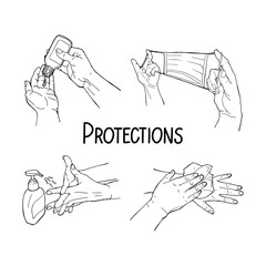 Hand drawn doodle vector illustration preventions infographic with hands, medical respiratory mask, soap, hand sanitizer,paper, lettering protections. Disinfection, hygiene, medical precaution concept