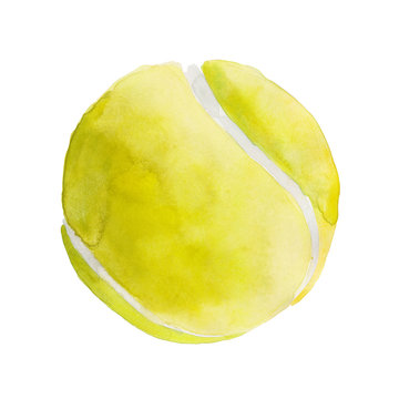 Hand-drawn watercolor illustration: yellow tennis ball isolated on white background.