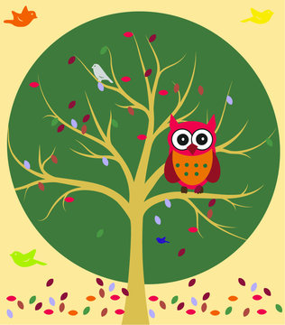 Trees background. The trunk and leaves in separate layers. Vector. Wise owl sitting on tree