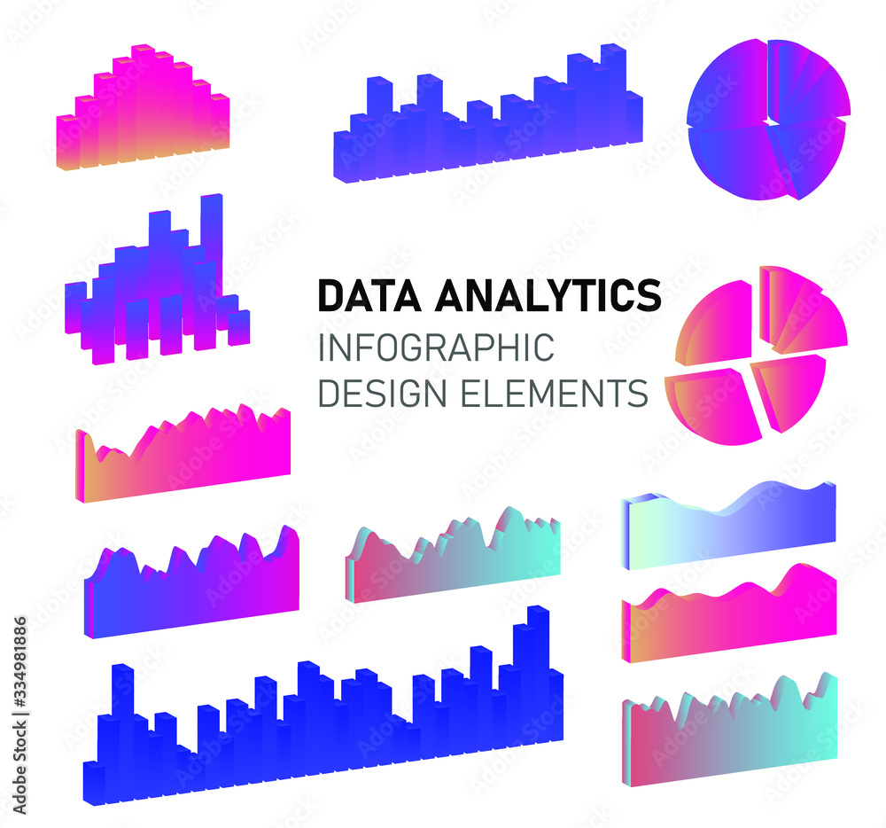 Poster Set of 3D graphs, charts, histograms and plots for UI and UX design.