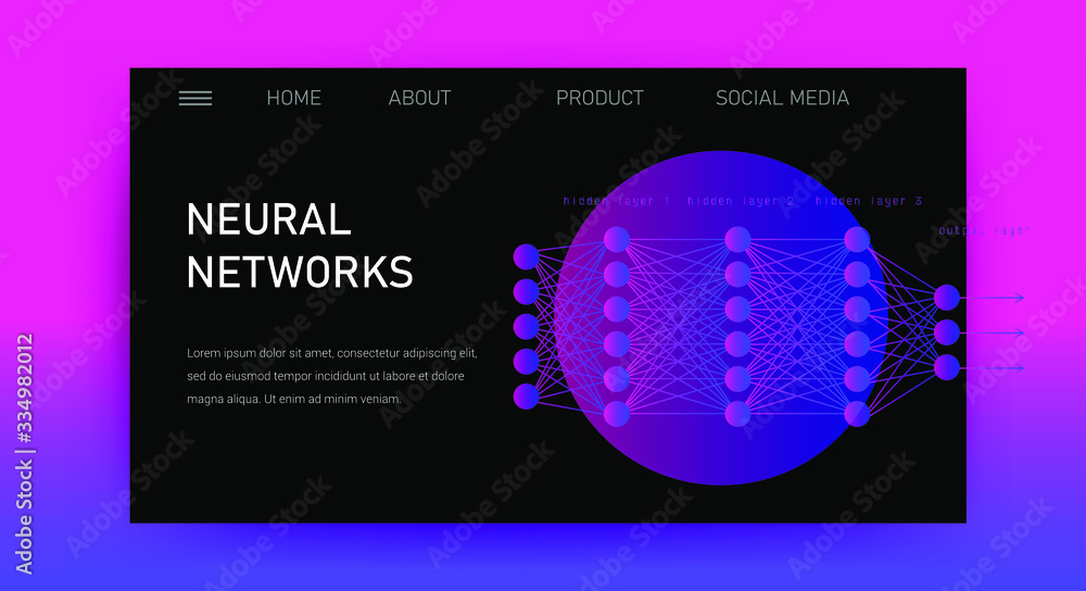 Poster Web site template for Big Data  analysis, Artificial intelligence and  Information science. Illustration of Neural Network scheme.