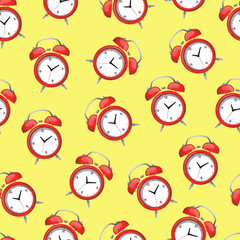 Seamless pattern with red alarm clock on yellow background