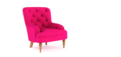 Classic modern pink armchair with wooden legs, quilted back isolated on white background. Bright...