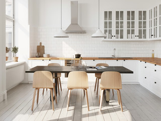 3d white and wooden scandinavian kitchen with black table