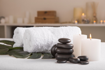 Zen and relax concept. Spa composition  with treatment on  light background - space for text