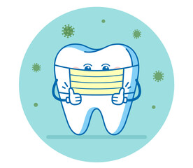 The tooth using surgical mask for preventing the spread of COVID-19 or Coronavirus. Dental illustration or sign for informing and encouraging patients.