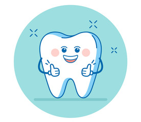 Smiling cartoon tooth shows thumbs up, like. Dental illustration or sign for encouraging patients.