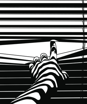 curiosity, sun-blind, jalousie, roler blind black and white vetor graphic illustration of isolation and caution: hidden look behind window in the time of crisis, trace and pursuit