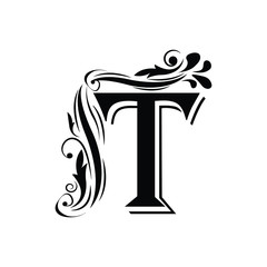 letter T. Vintage black flower ornament initial letters.  Alphabet. Logo vector 