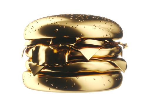Gold big cheeseburger isolated on white background. 3d illustration.