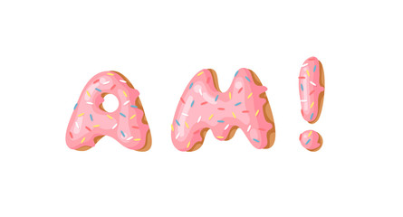 Cartoon vector illustration pink donut ABC. Hand drawn Cyrillic font with sweet bun. Actual Creative art bake alphabet 