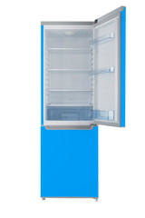 Blue refrigerator Isolated on White Background. Modern Kitchen and Domestic Major Appliances