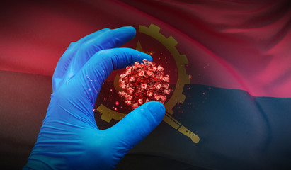 A hand in a medical glove holds a molecule, medical science concept, on background flag of Angola. 3D illustration.