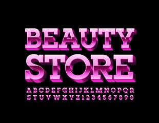 Fototapeta na wymiar Vector pink logo Beauty Store. Reflective modern Font. Metallic Alphabet Letters and Numbers