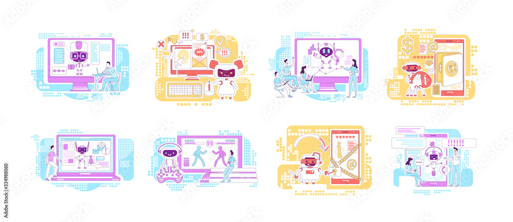 Poster good and bad bots thin line concept vector illustrations set. internet robots 2d cartoon characters 