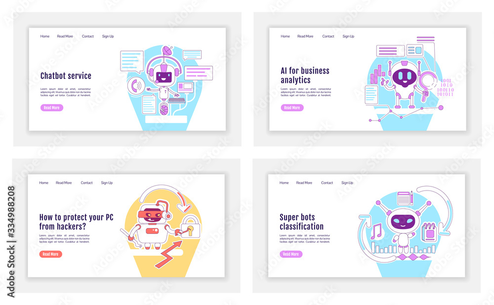 Poster bad and good bots landing page flat silhouette vector templates set. personal ai assistants homepage