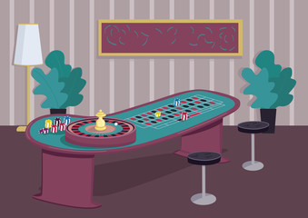 Roulette table flat color vector illustration. Gambling game to win bets. Put stake on red. Chips on black. Spin wheel reel. Casino room 2D cartoon interior with decoration on background