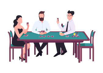 Gambler flat color vector faceless characters. Woman look at card. Man holding deck. Male player with stack of chips. Gamble with opponents. Three people sit in casino isolated cartoon illustration