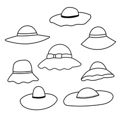 Set of elegant woman's hat isolated on white background. Headgear vector illustration for woman, girl or ladies. Summer sun protection. Single icon. Fashion outline sketch. Doodle style.