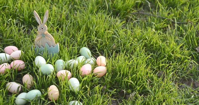 Easter bunny on spring green grass. Cute rabbit. Easter egg hunt with pet bunny. Happy Easter greeting card with copyspace. Easter greeting card template. Rabbit and eggs on grass.