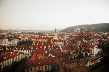 Fototapeta na wymiar Houses with traditional red roofs in Prague, Czech republic. Top view to red roofs skyline of Prague city. Aerial view of Prague city with terracotta roof tiles. Old Town architecture with terracotta.