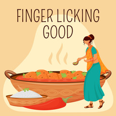 Indian cuisine meal social media post mockup. Finger licking good phrase. Web banner design template. Butter chicken booster, content layout with inscription. Poster, print ads and flat illustration