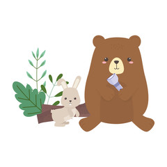 Obraz na płótnie Canvas camping cute bear and rabbit with lantern foliage cartoon