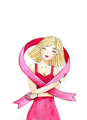Draw of girl with a pink ribbon and breast health woman