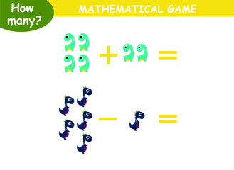 examples of addition and subtraction with dinosaurs. educational page with mathematical examples for children.