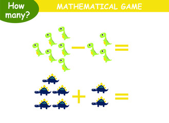 examples of addition and subtraction with dinosaurs. educational page with mathematical examples for children.
